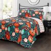 Full/Queen Floral Red Poppy Navy Teal Lightweight 3 Piece Cotton Quilt Set