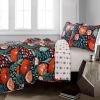 Full/Queen Floral Red Poppy Navy Teal Lightweight 3 Piece Cotton Quilt Set