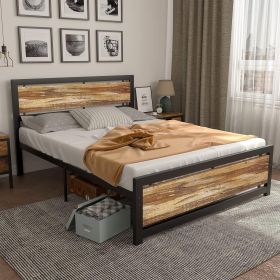 Full size Industrial Platform Bed Frame with Wood Panel Headboard Footboard