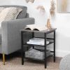 Modern Industrial Side Table Nightstand in Black Metal with Grey Beige Wood Top