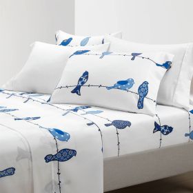 King size Blue White Floral Birds on Wire Soft Polyester 6 Piece Sheet Set