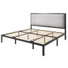 King Black Metal Platform Bed Frame with Tall Grey Linen Upholstered Headboard