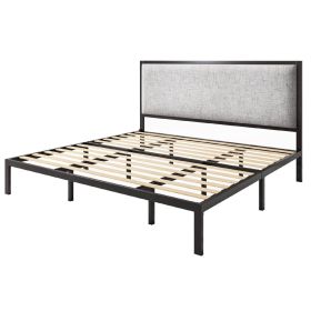 King Black Metal Platform Bed Frame with Tall Grey Linen Upholstered Headboard