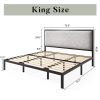 King Black Metal Platform Bed Frame with Tall Grey Linen Upholstered Headboard