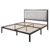 Queen Black Metal Platform Bed Frame with Tall Grey Linen Upholstered Headboard