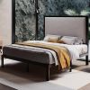 Queen Black Metal Platform Bed Frame with Tall Grey Linen Upholstered Headboard