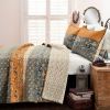 Full/Queen Orange Grey Boho Floral Birds Reversible Lightweight Quilt Set