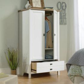 Farmhouse Bedroom Armoire Cabinet w/ Bottom Storage Drawer in White Wood Finish