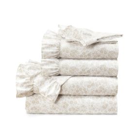 King Size Tan White Floral Ruffle Polyester 6 Piece Sheet Set