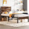 Twin size Modern Farmhouse Metal Platform Bed Frame with Brown Wood Headboard