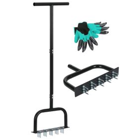 Lawn Aerator Tool Manual Metal Spike Grass Aeration With Dethatching Rake 15 Iron Spikes For Yard And Garden Compacted Soil Aerator Tool Black